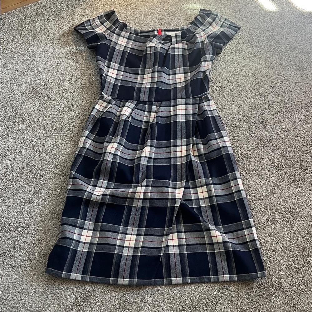 Kate spade wool navy plaid cap sleeve faux wrap skirt gathered neck sz6 dress